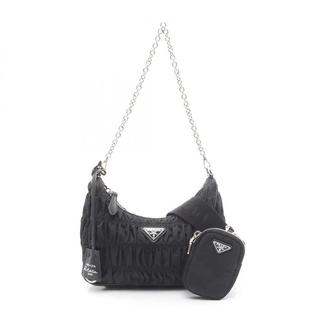 Prada Shoulder Bag Re Edition Black Nylon Leather Re Embroidered Drill