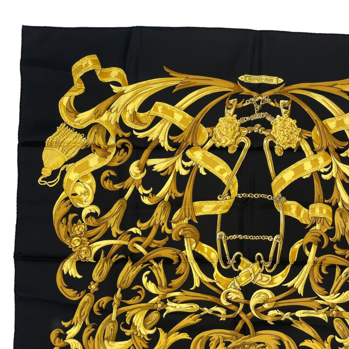 Hermes Scarf Silk Carre 90 Lemors a la Conetable Elegance Gold Black — view 2