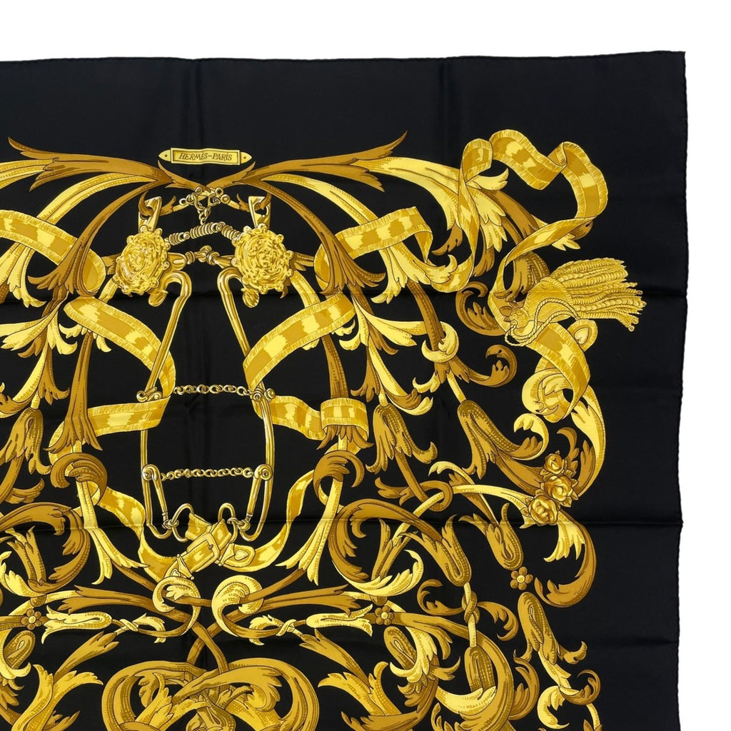 Hermes Scarf Silk Carre 90 Lemors a la Conetable Elegance Gold Black — view 3