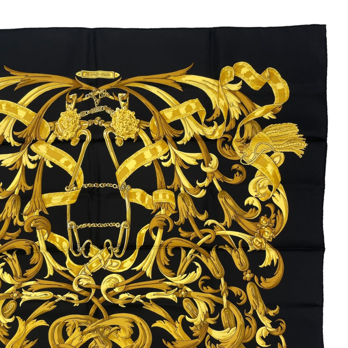 Hermes Scarf Silk Carre 90 Lemors a la Conetable Elegance Gold Black — view 3