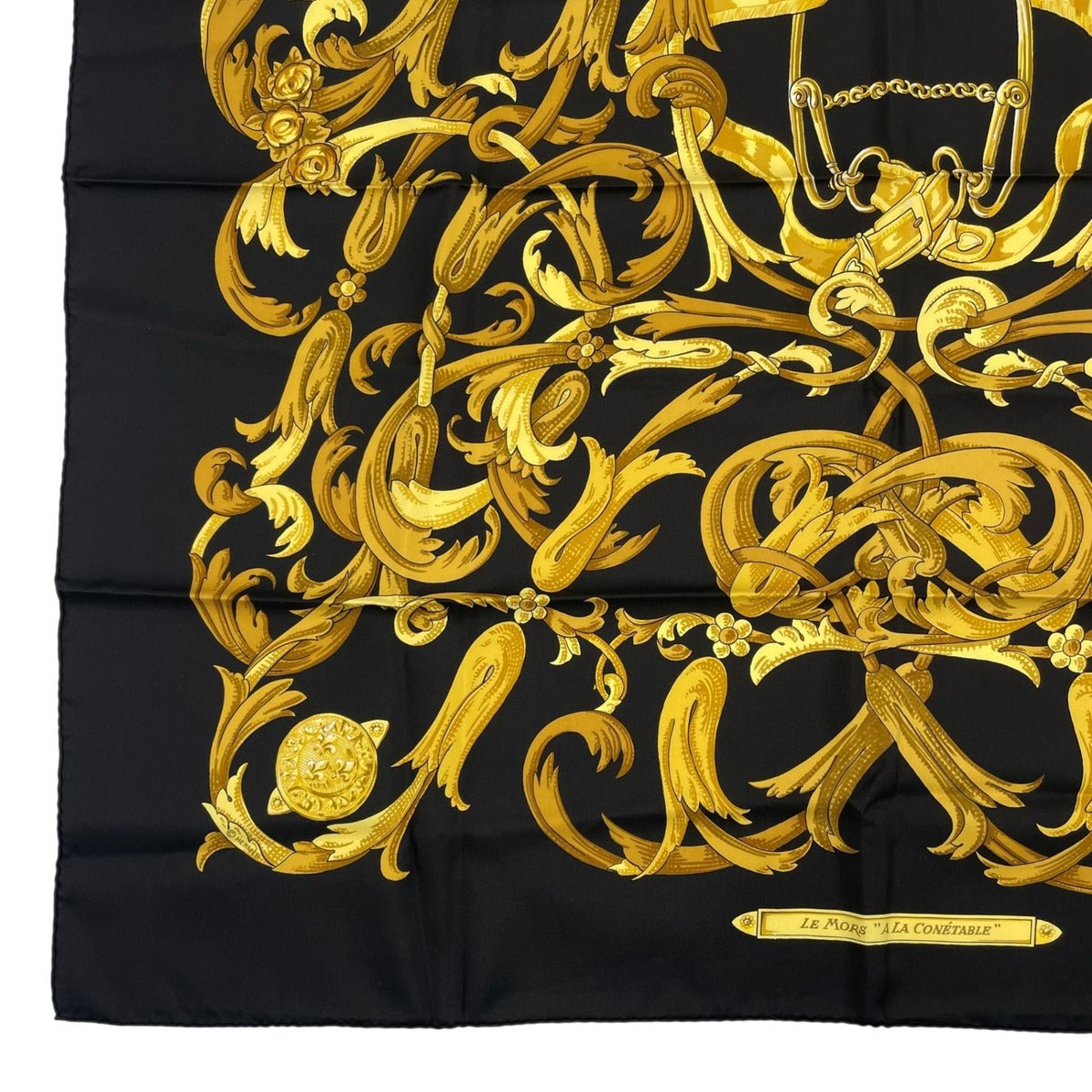 Hermes Scarf Silk Carre 90 Lemors a la Conetable Elegance Gold Black — view 4