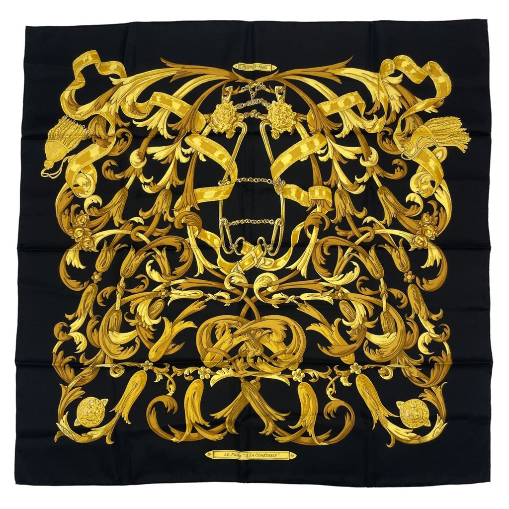 Hermes Scarf Silk Carre 90 Lemors a la Conetable Elegance Gold Black