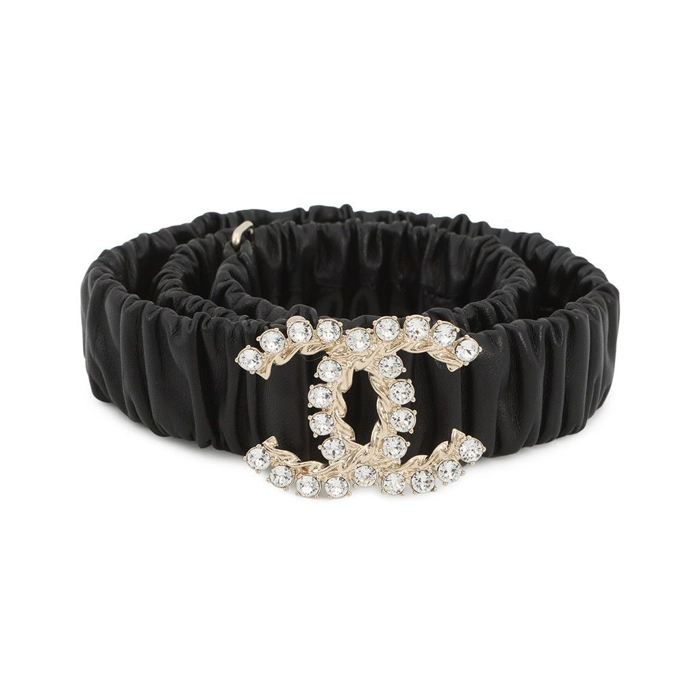 Chanel Belt CC Logo Rhinestone Leather 75 Black