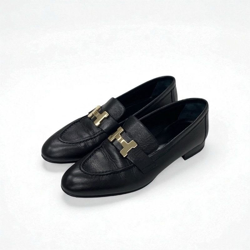 Hermes Paris Loafer Leather Shoes Black Gold Hhardware Moccasins