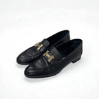 Hermes Paris Loafer Leather Shoes Black Gold Hhardware Moccasins