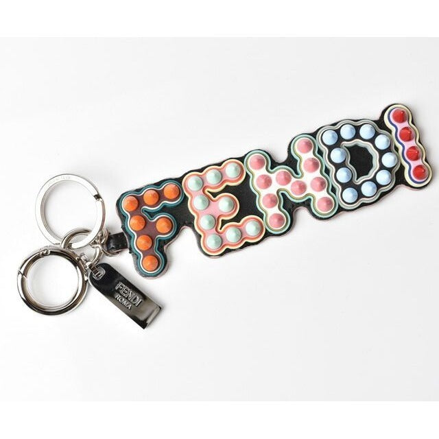 Fendi Key Holder Sling Bag Charm Logo Motif Rubber Leather Multicolor
