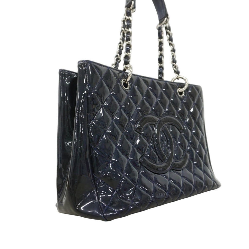 Chanel Chain Tote Quilted Patent Leather Navy Silver — view 2