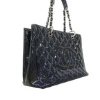 Chanel Chain Tote Quilted Patent Leather Navy Silver — view 2