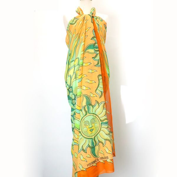 Hermes Pareo Sun Motif 100% Cotton Orange Large Shawl — view 2