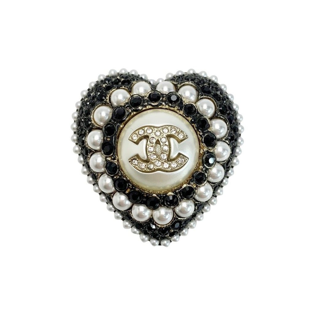 Chanel Heart L22 B GP Rhinestone Faux Pearl Black Brooch