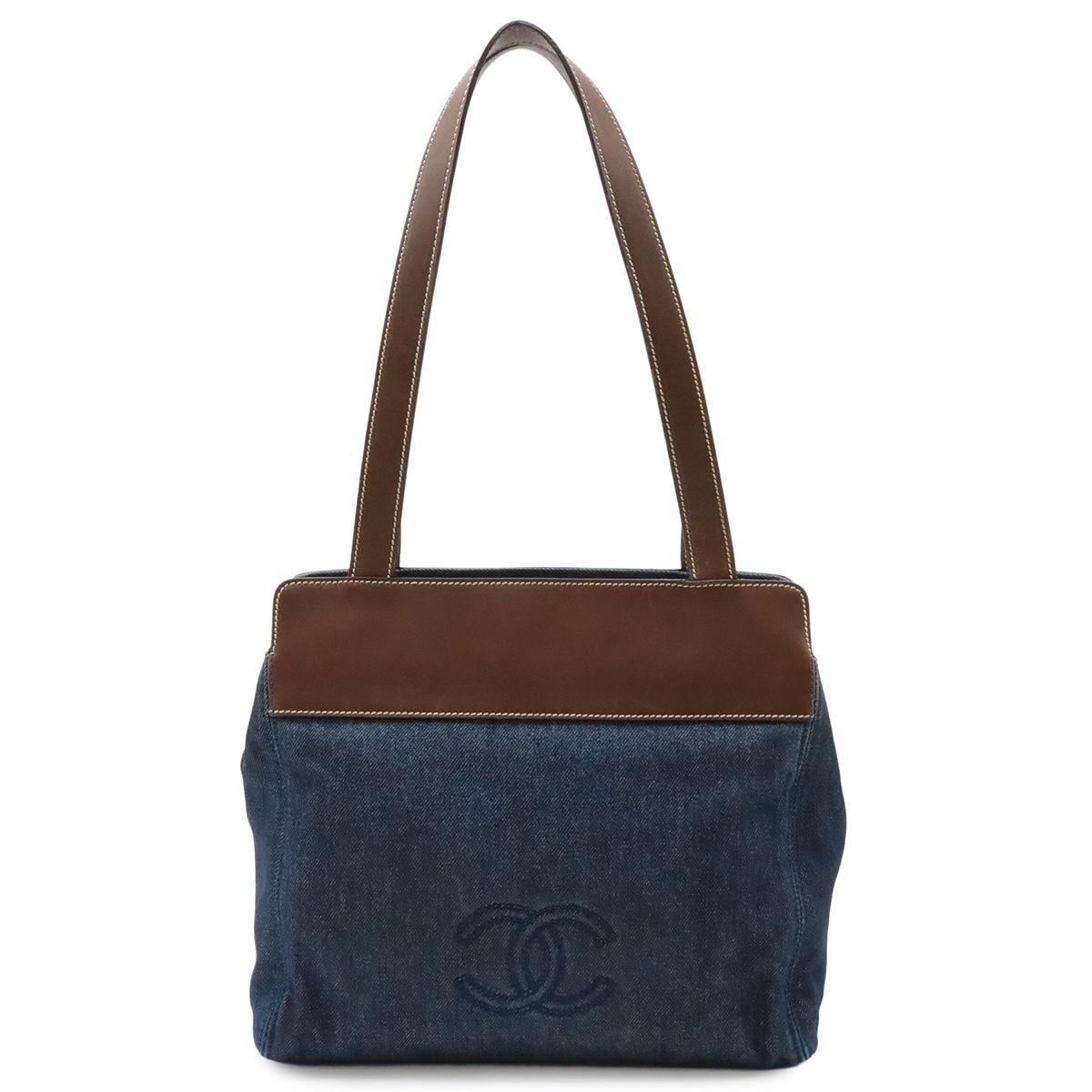 Chanel CC Logo Tote Shoulder Bag Denim Leather Blue Dark Brown