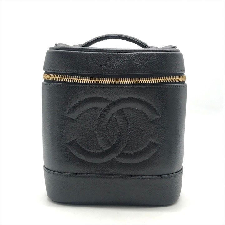 Chanel CC Logo Caviar Leather Vanity Hand Bag Black