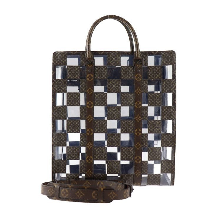 Louis Vuitton Sac Plat Tote Bag Vinyl Brown Clear Monogram Chess 2-Way