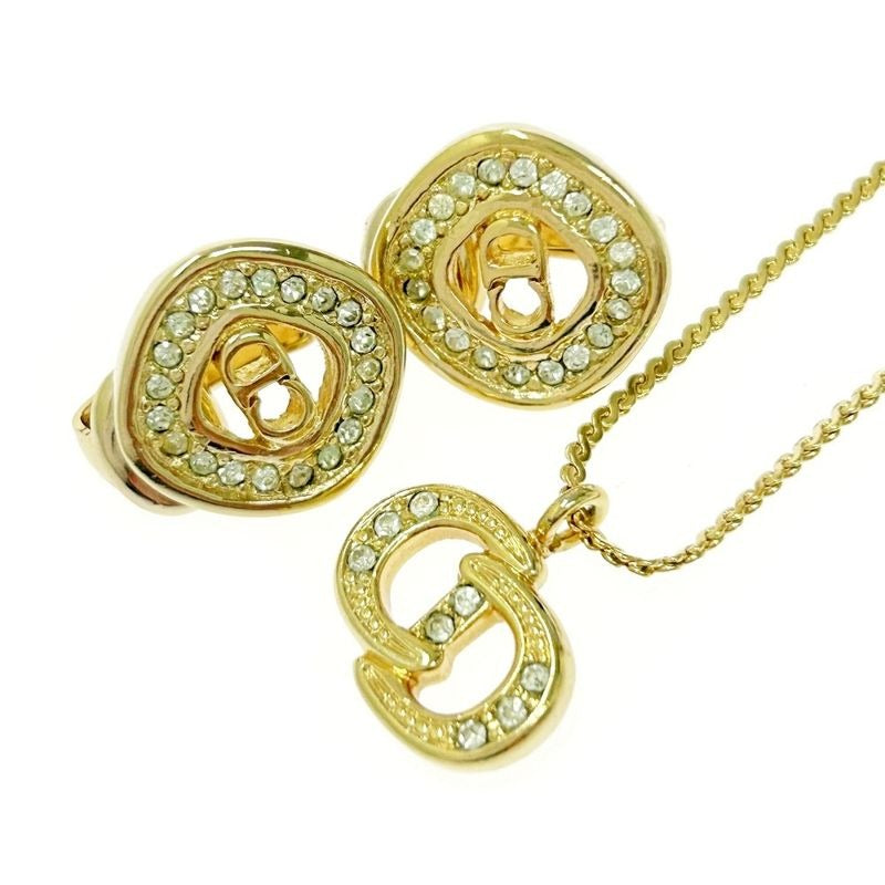 Christian Dior GP Rhinestone CD Logo Necklace Earrings Set Gold — view 2