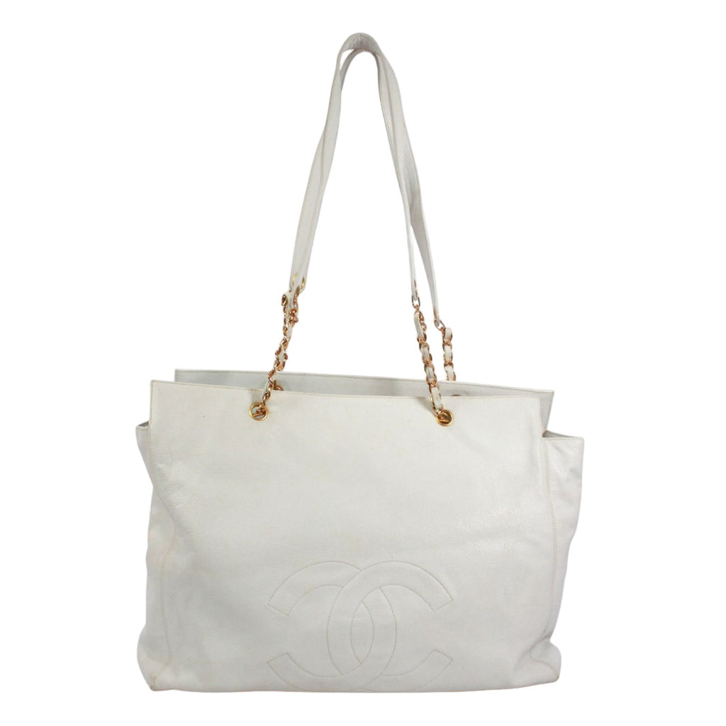Chanel CC Logo Caviar Leather White Tote Gold