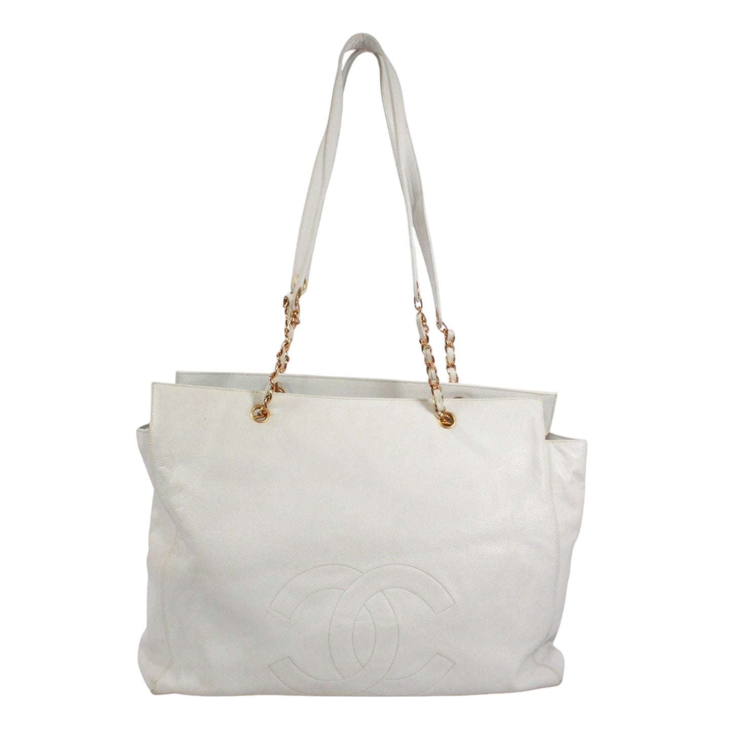 Chanel CC Logo Caviar Leather White Tote Gold