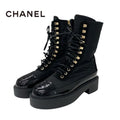 Chanel Boots Short Shoes Nylon Patent Black Gold Coco Mark Lace Up