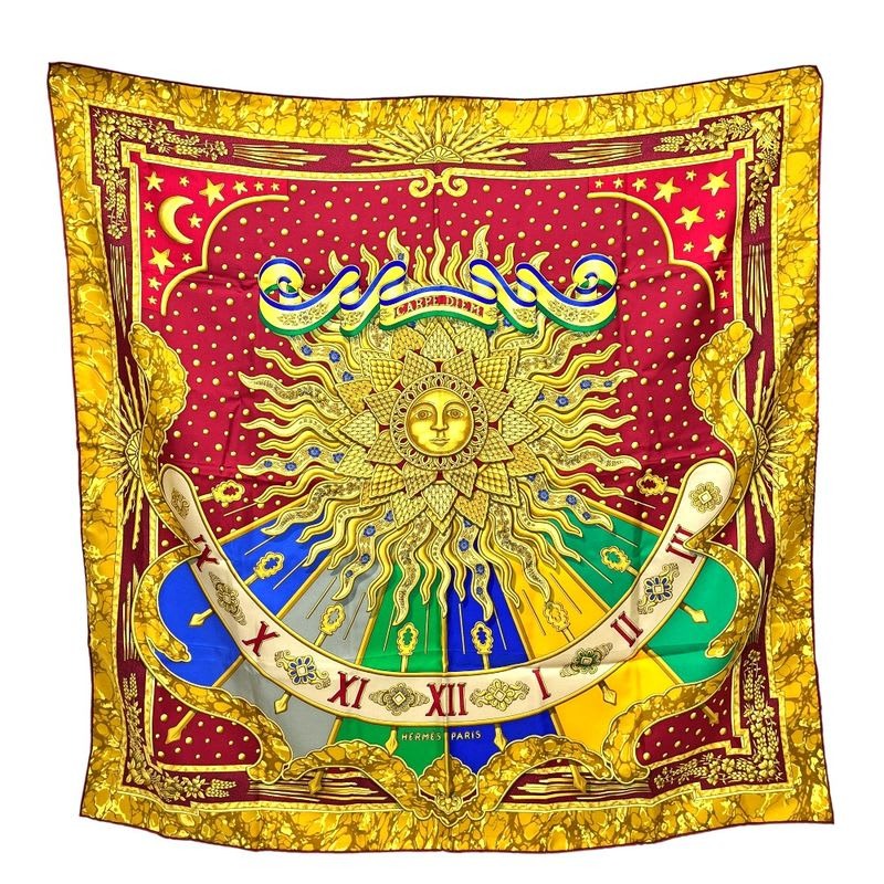 Hermes Scarf Carpe DIEM Enjoy The Day Sun Moon Star Silk Red