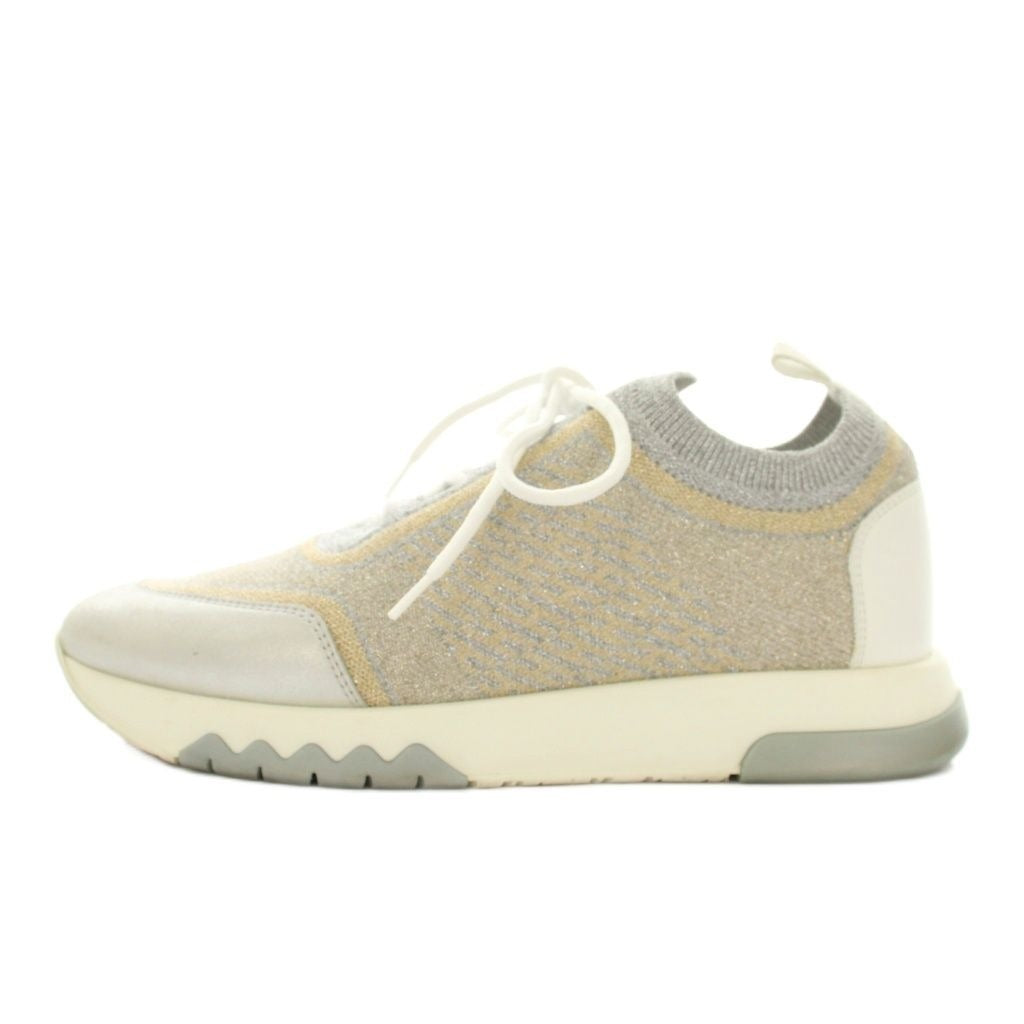 Hermes Addict Sneakers Shoes 37 Gray Silver Gold Lame Low Cut YM