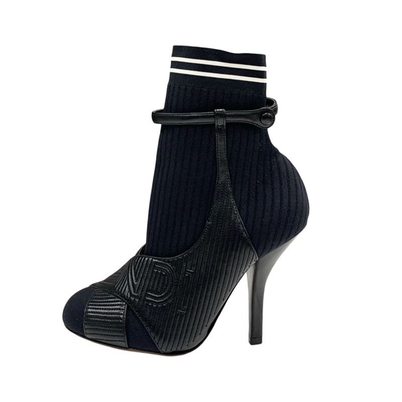 Fendi Rococo Boots Short Shoes Fabric Leather Black White Logo Sock — view 3