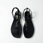 Saint Laurent Cassandra Sandals Shoes Leather Black Gold YSL Hardware Strap — view 2