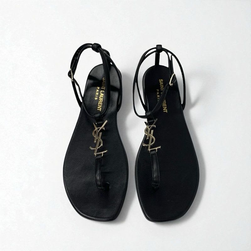 Saint Laurent Cassandra Sandals Shoes Leather Black Gold YSL Hardware Strap — view 2