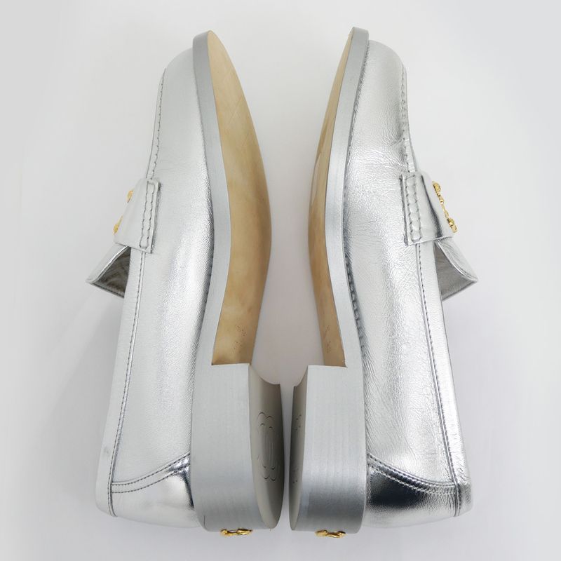 Chanel CC Logo Leather Loafers Silver Gold Hardware 37 1 2 — view 7