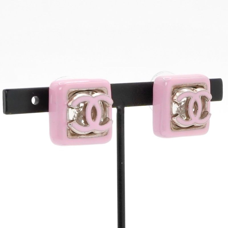Chanel Earrings Silver Pink Coco Mark Square — view 8