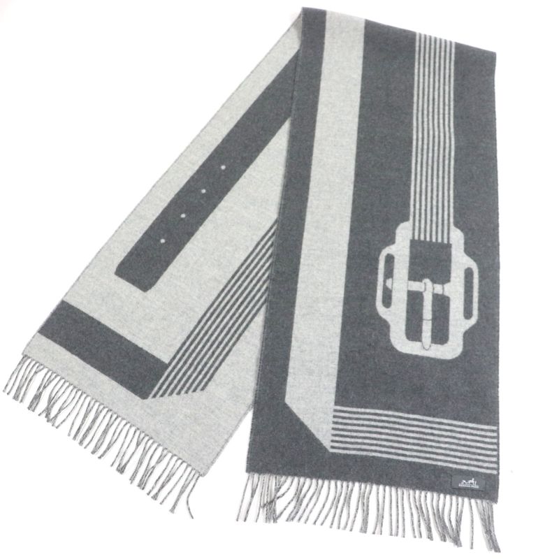 Hermes Sangre A Bucle 100% Cashmere Anthogracito Gris Cles Fringed Scarf — view 4