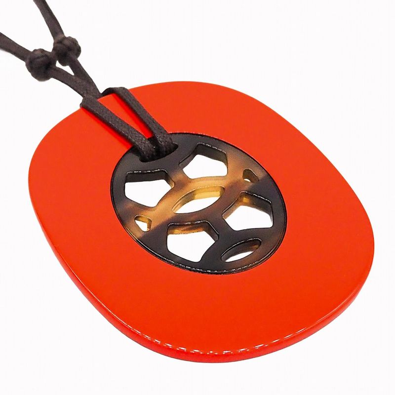 Hermes Lift GM Buffalo Horn with String Dark Brown Orange Pendant Necklace — view 4