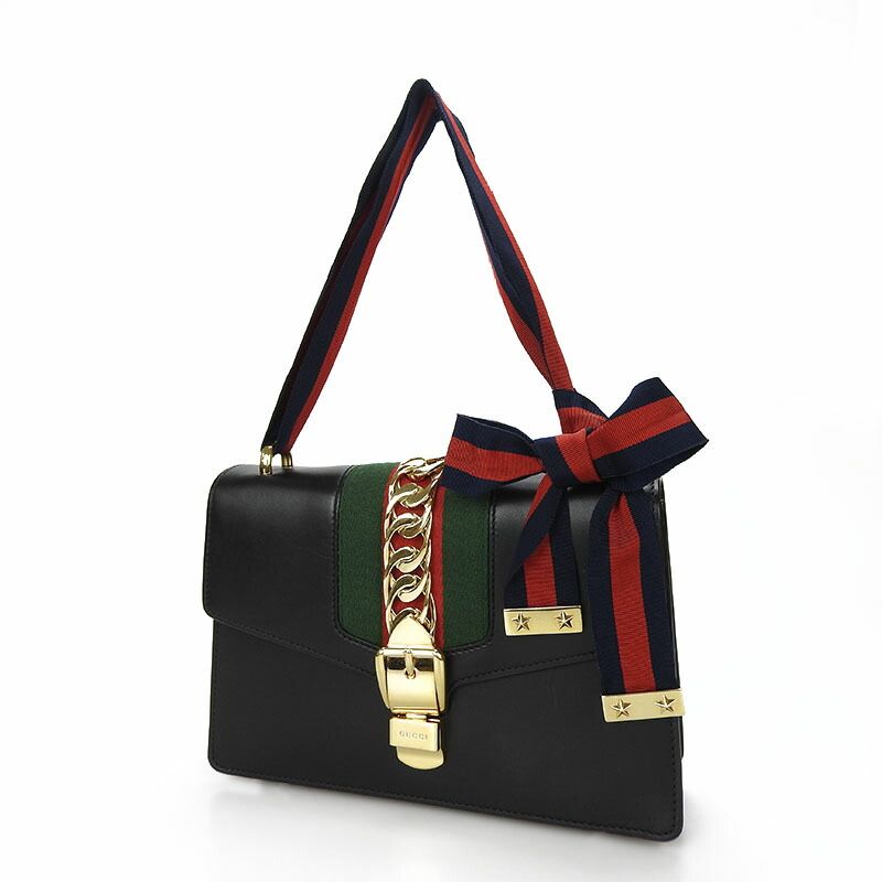 Gucci Shoulder Bag Sylvie Small Webline Leather Black Gold Hardware — view 3