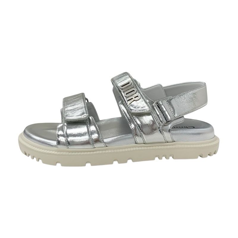 Christian Dioract Sandals Shoes Leather Metallic Silver Logo Lambskin — view 3