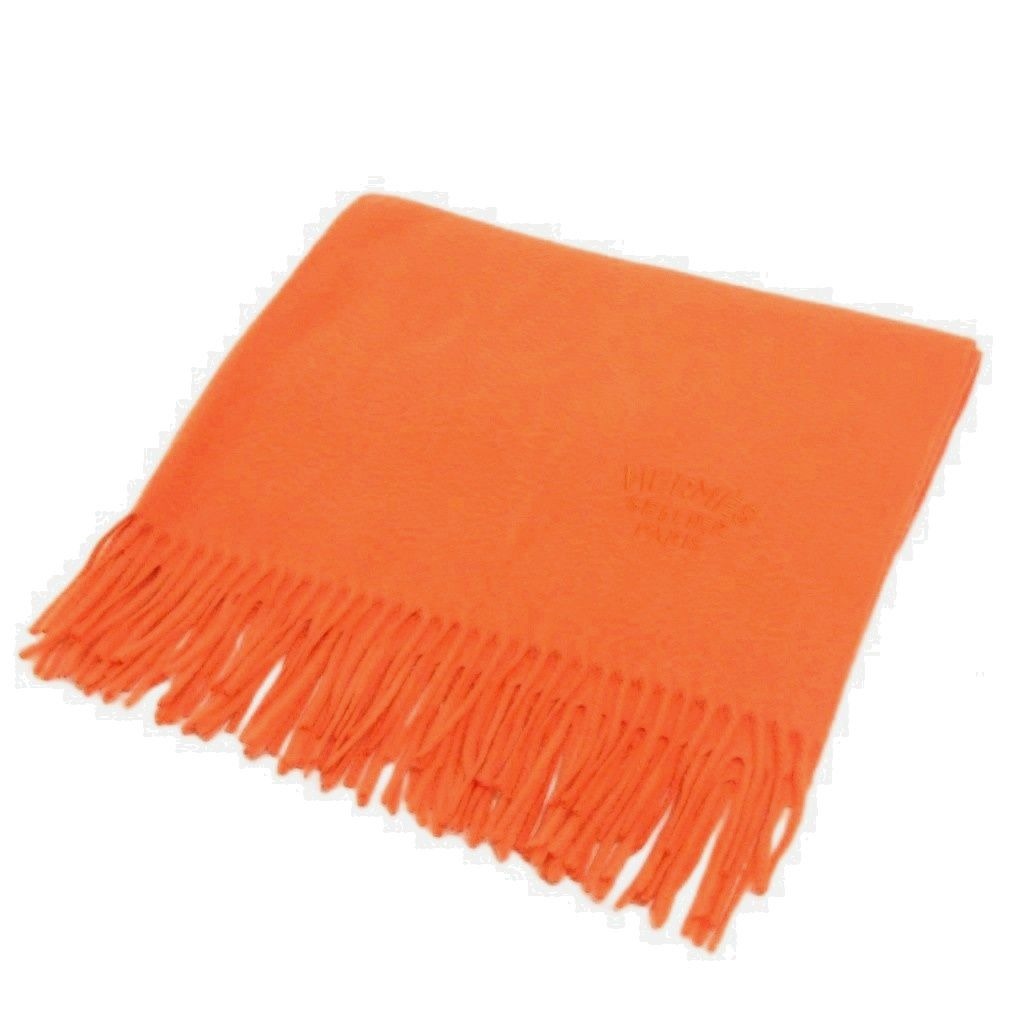 Hermes Sellier Paris Scarf Shawl Fringe Large Cashmere Orange