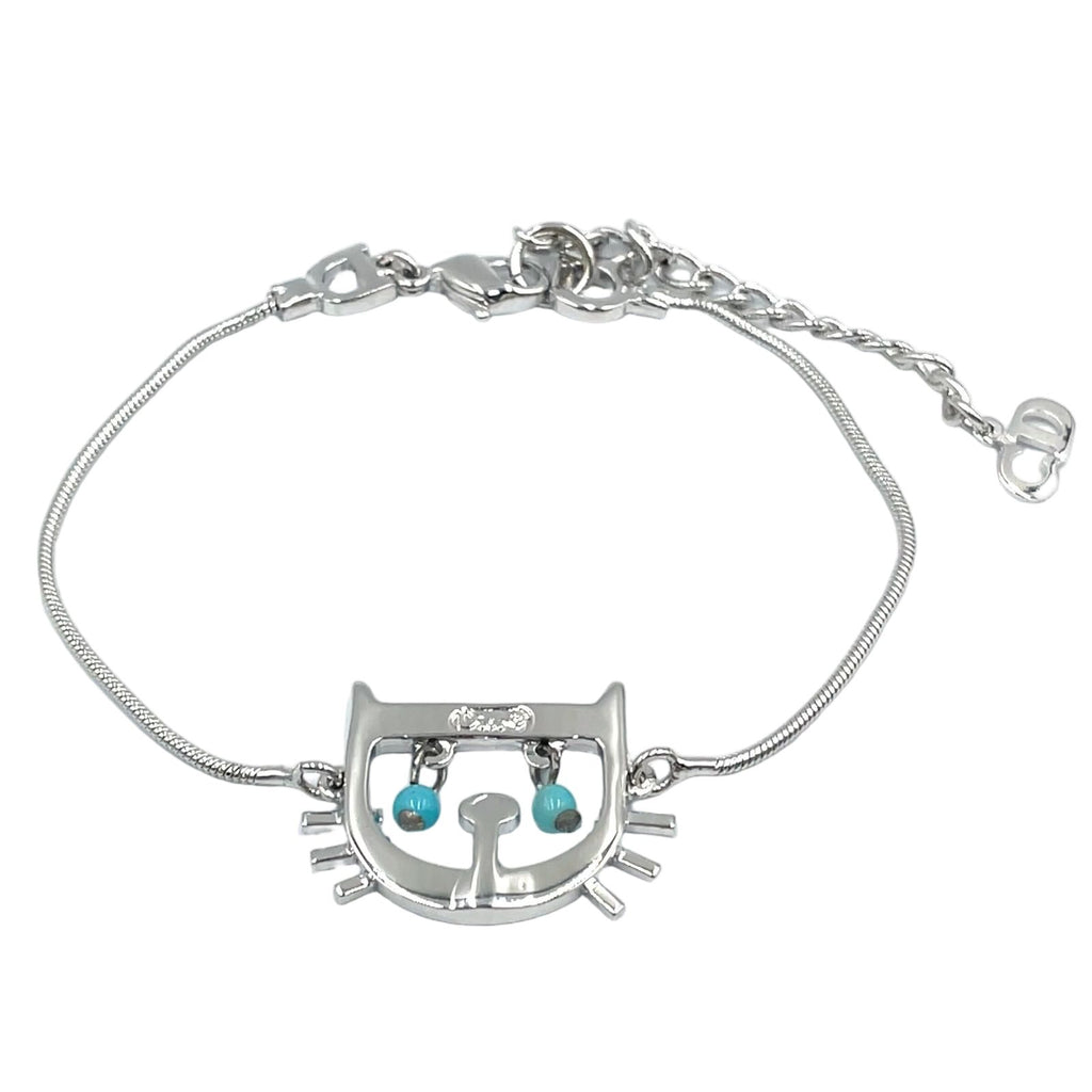 Dior Cat & D Metal Color Beads Silver Turquoise Blue Bracelet