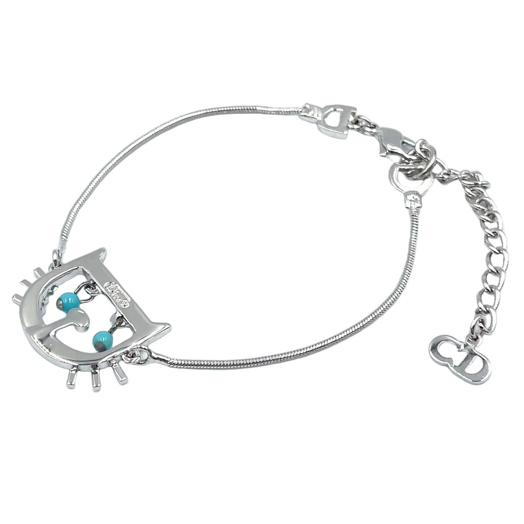 Dior Cat & D Metal Color Beads Silver Turquoise Blue Bracelet — view 2