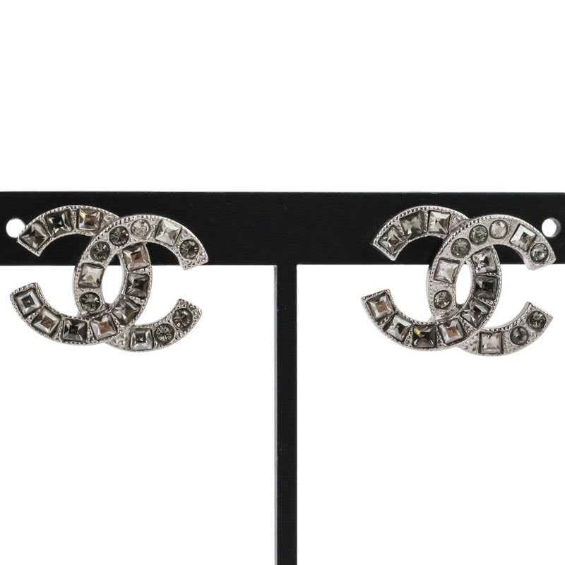 Chanel V Rhinestone Coco Mark Earrings Silver Color
