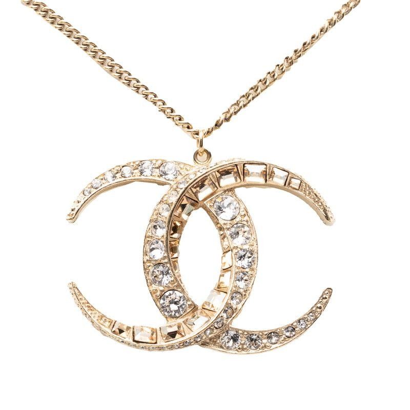 Chanel CC Logo Necklace Gold Plated Rhinestone