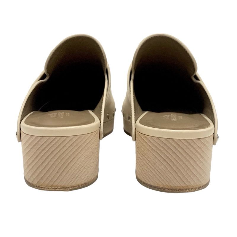 Hermes Karya Sandals Shoes Leather Wood Beige Studded Mules Sabot — view 5