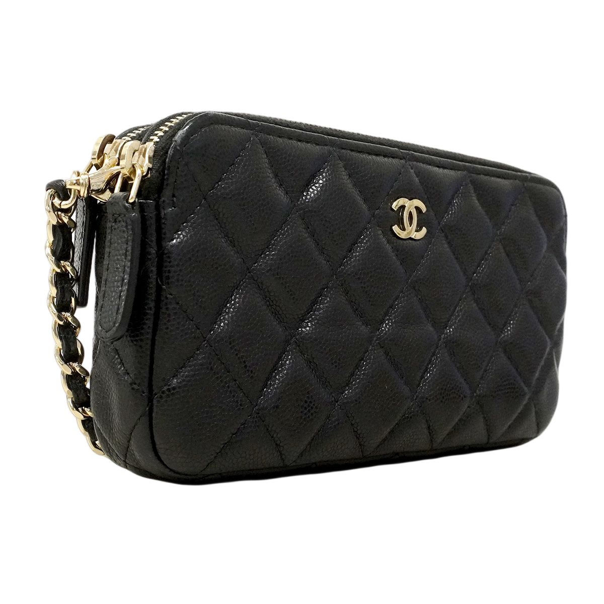 Chanel Shoulder Bag Quilted Caviar Leather Black Champagne Gold — view 2