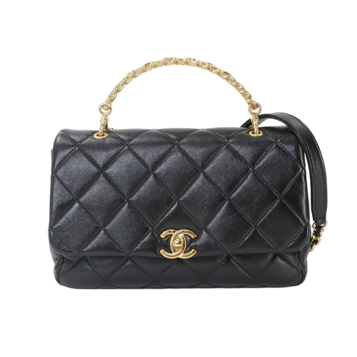 Chanel Quilted 2-Way Bag Leather Black Gold Bag