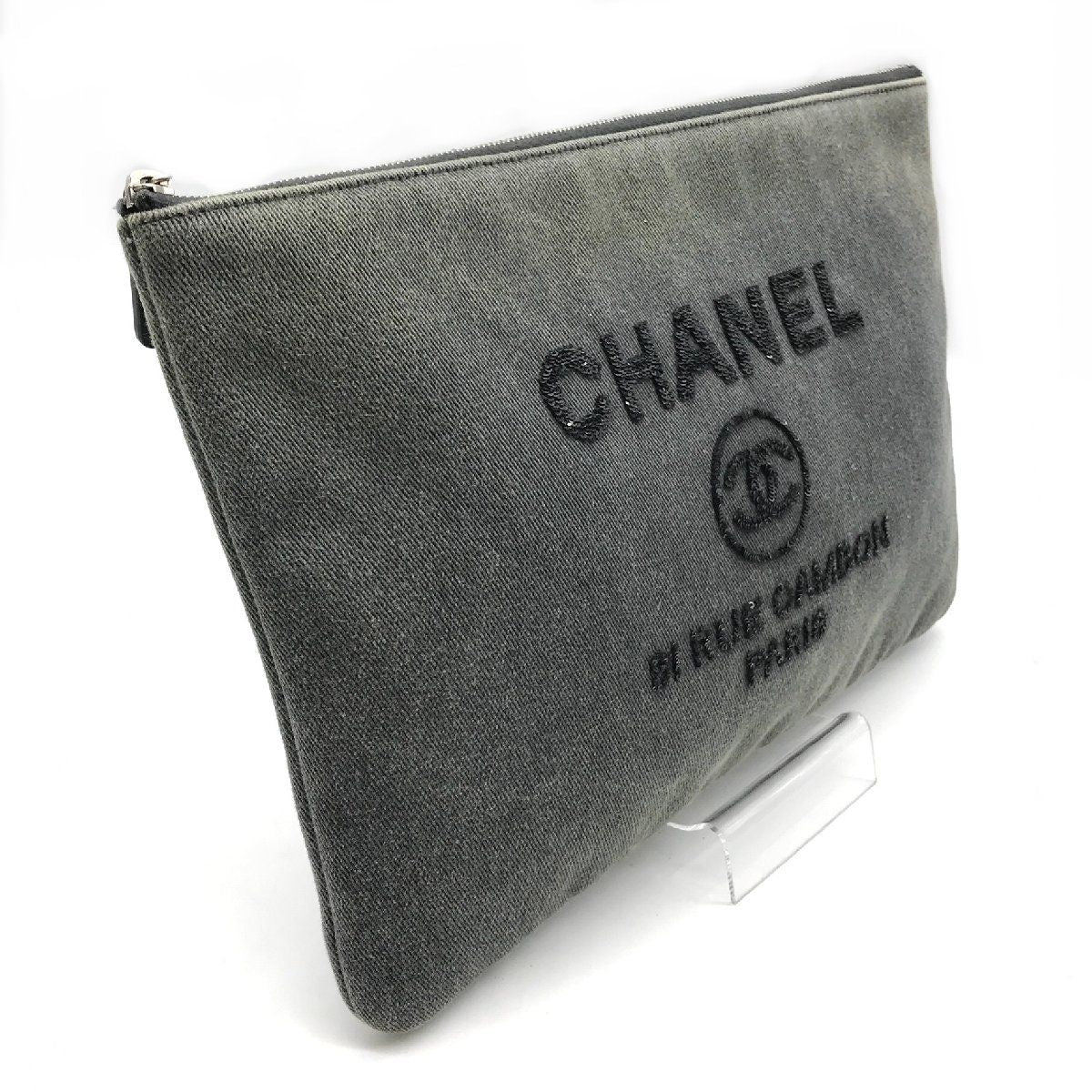 Chanel CC Logo Deauville Denim Sequin Clutch Gray Jeans — view 3