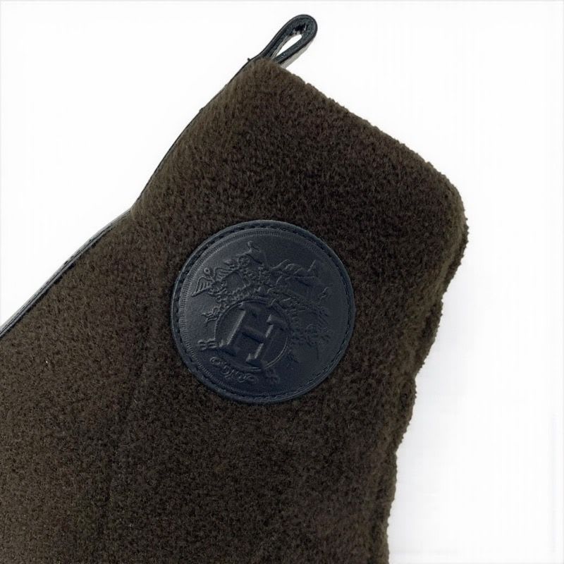 Hermes Volver Boots Short Shoes Fabric Leather Khaki Exlibris Knit — view 9