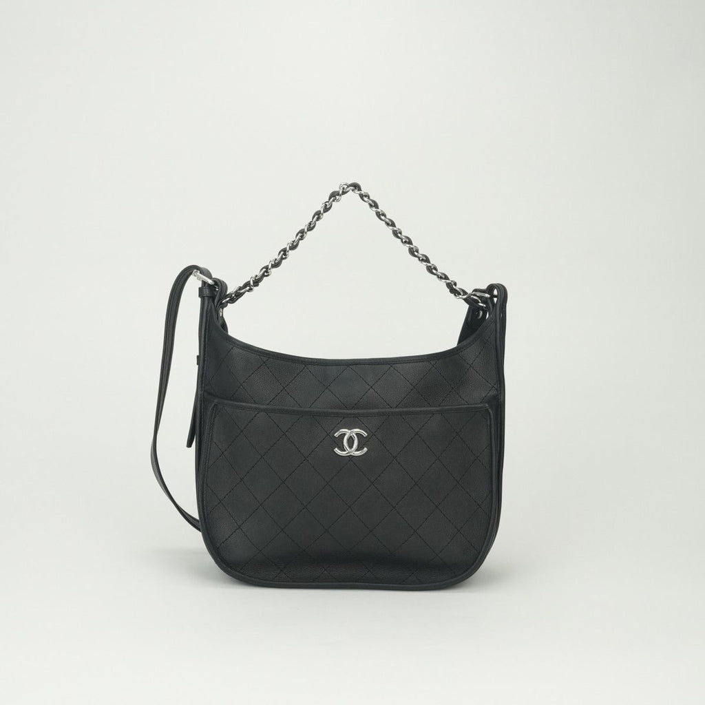 Chanel Quilted Tote Shoulder Bag Calfskin Black Silver CC Logo