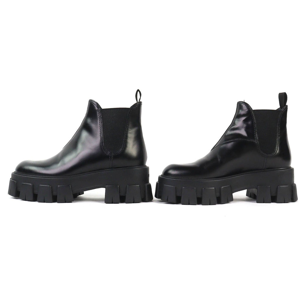Prada Monolith Brushed Leather Chelsea Boots Side Gore Short Black — view 3