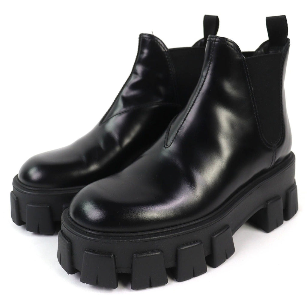 Prada Monolith Brushed Leather Chelsea Boots Side Gore Short Black