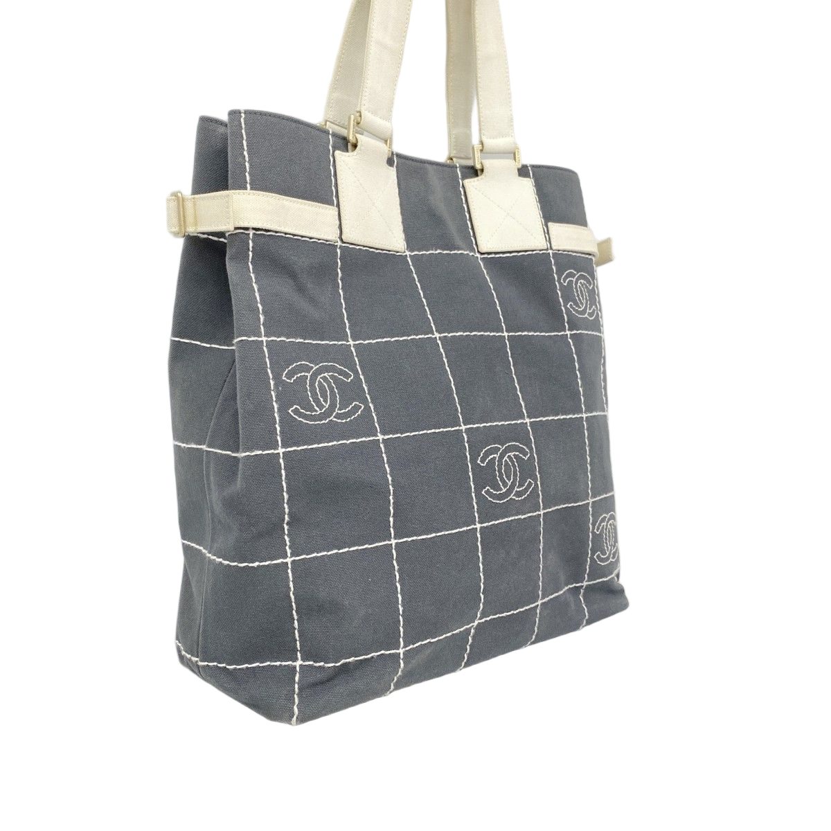 Chanel Tote Choco Bar Canvas Gray Champagne Gold — view 2