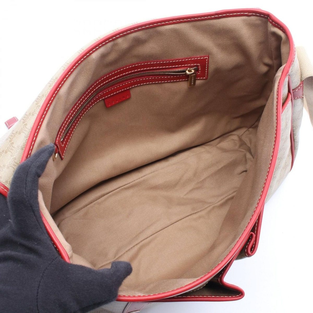 Celine Shoulder Bag Macadam Beige Red Canvas Leather Messenger — view 3
