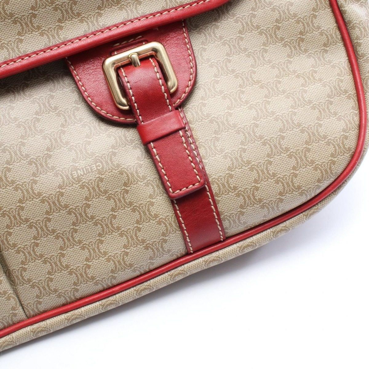 Celine Shoulder Bag Macadam Beige Red Canvas Leather Messenger — view 5
