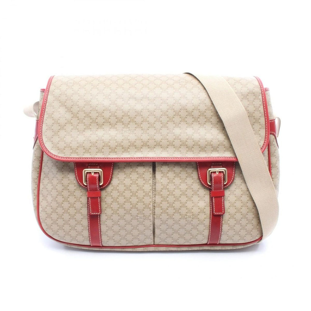 Celine Shoulder Bag Macadam Beige Red Canvas Leather Messenger