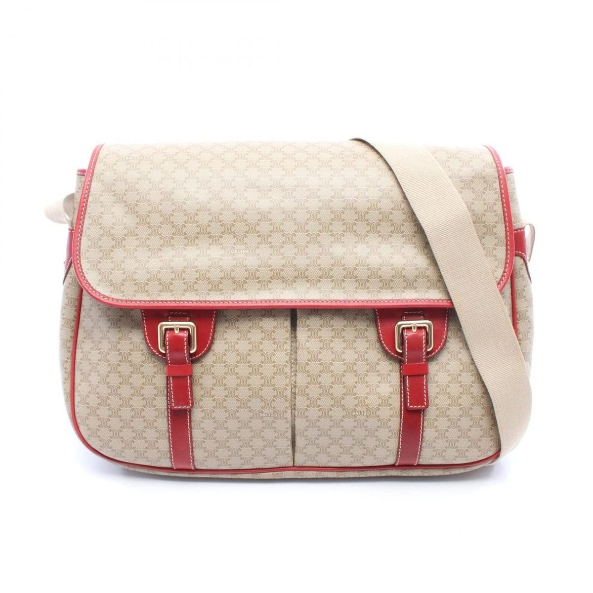 Celine Shoulder Bag Macadam Beige Red Canvas Leather Messenger